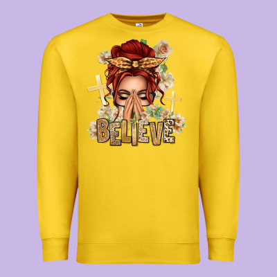 Red Hair Believe Praying Caucasian Messy Bun Premium Sweatshirt Designed By Texasbilliewilder