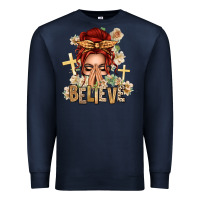 Navy Red Hair Believe Praying Caucasian Messy Bun Premium Sweatshirt - texasbilliewilder