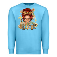 Ocean Blue Red Hair Believe Praying Caucasian Messy Bun Premium Sweatshirt - texasbilliewilder