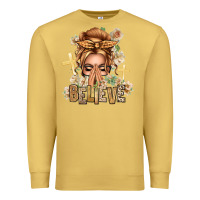 Antique Gold Blonde Hair Believe Praying Caucasian Messy Bun Premium Sweatshirt - texasbilliewilder