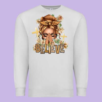 Blonde Hair Believe Praying Caucasian Messy Bun Premium Sweatshirt Designed By Texasbilliewilder