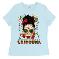 Baby Blue Mexicana Skull Girl Messy Bun Ladies Tee - texasbilliewilder