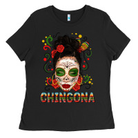 Black Mexicana Skull Girl Messy Bun Ladies Tee - texasbilliewilder