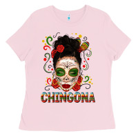 Bubblegum Pink Mexicana Skull Girl Messy Bun Ladies Tee - texasbilliewilder