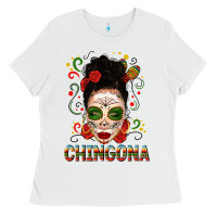 White Mexicana Skull Girl Messy Bun Ladies Tee - texasbilliewilder