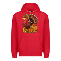 Red Thanksgiving turkey with pumpkin and sunflower Premium Hoodie - NancyCooperArtShop