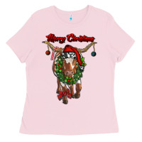 Bubblegum Pink merry christmas longhorn cow Ladies Tee - RanaPortraitStore
