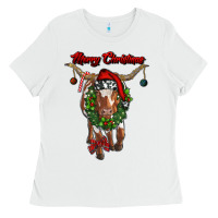 White merry christmas longhorn cow Ladies Tee - RanaPortraitStore