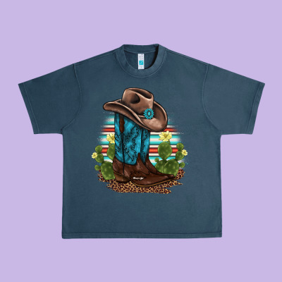 Western Boots And Hat Cactus Leopard Serape Pattern Urban Heavy Tee Designed By Barkaloodesign