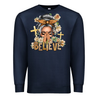 Navy Silver White Believe Praying Caucasian Messy Bun Premium Sweatshirt - texasbilliewilder