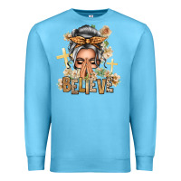 Ocean Blue Silver White Believe Praying Caucasian Messy Bun Premium Sweatshirt - texasbilliewilder