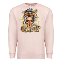 Pale Pink Silver White Believe Praying Caucasian Messy Bun Premium Sweatshirt - texasbilliewilder