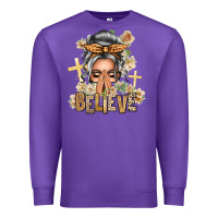 Purple Silver White Believe Praying Caucasian Messy Bun Premium Sweatshirt - texasbilliewilder