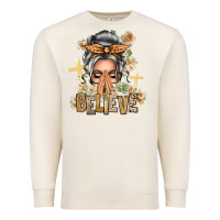 Sandshell Silver White Believe Praying Caucasian Messy Bun Premium Sweatshirt - texasbilliewilder