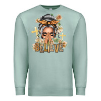 Seafoam Silver White Believe Praying Caucasian Messy Bun Premium Sweatshirt - texasbilliewilder