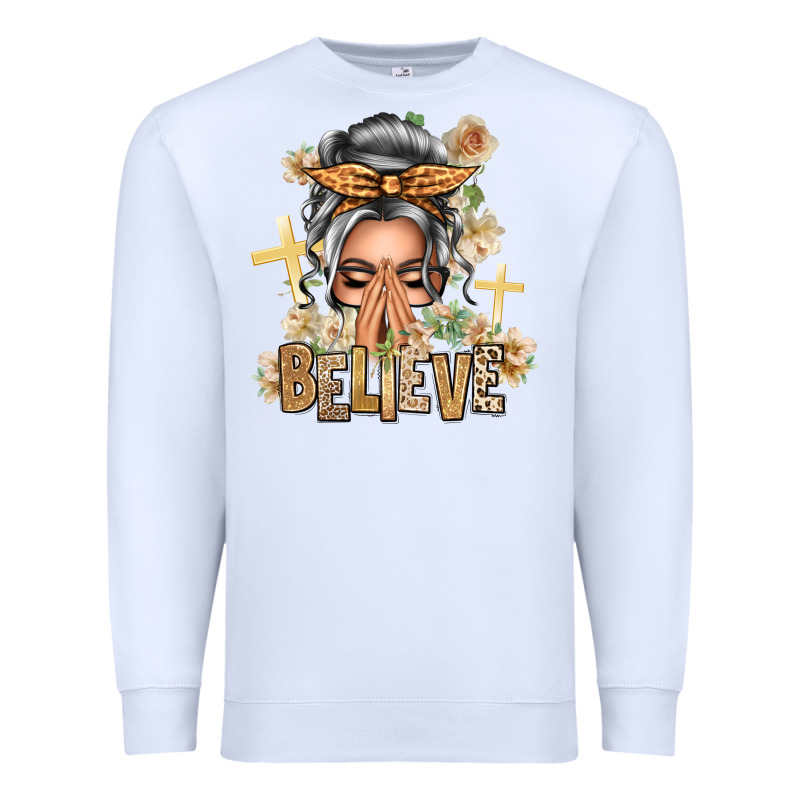 Silver White Believe Praying Caucasian Messy Bun Premium Sweatshirt by texasbilliewilder | Teevron