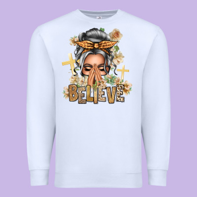 Silver White Believe Praying Caucasian Messy Bun Premium Sweatshirt Designed By Texasbilliewilder