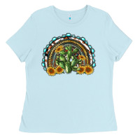 Baby Blue western rainbow with cactus Ladies Tee - RanaPortraitStore