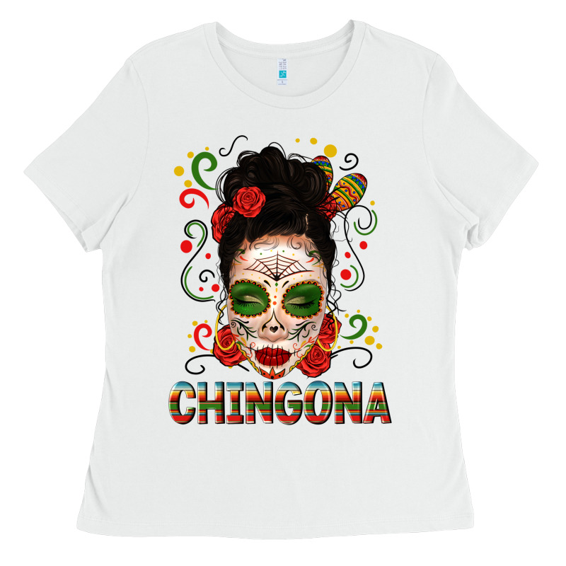 Mexicana Skull Girl Messy Bun Ladies Tee by texasbilliewilder | Teevron