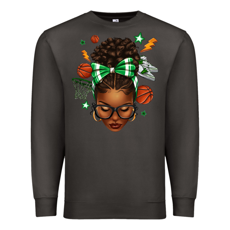 Afro Messy Bun Basketball Green Bow Premium Sweatshirt by texasbilliewilder | Teevron