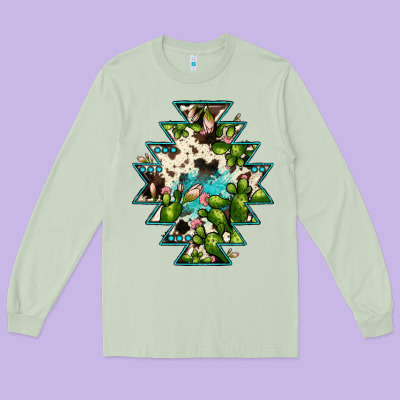 Aztec  Cowhide Cactus Gemstone Long Sleeve Tee Designed By Jahusdesignshop