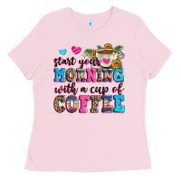 Bubblegum Pink start your morning with a cup of coffee Ladies Tee - Zillion Design Studio
