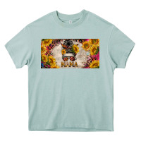 Arona mess bun mama with sunflowers and colorful leopard license plate Heavy Core Tee - BarkalooDesign