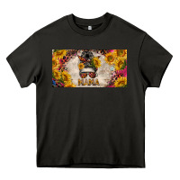 Asphalt mess bun mama with sunflowers and colorful leopard license plate Heavy Core Tee - BarkalooDesign