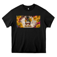 Black mess bun mama with sunflowers and colorful leopard license plate Heavy Core Tee - BarkalooDesign