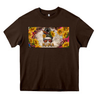 Chocolate Brown mess bun mama with sunflowers and colorful leopard license plate Heavy Core Tee - BarkalooDesign