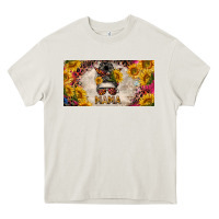 Cream mess bun mama with sunflowers and colorful leopard license plate Heavy Core Tee - BarkalooDesign