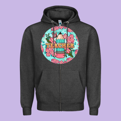 Teacher Floral Pencil Round Earring Zipper Hoodie Designed By Bundleandbundleshop