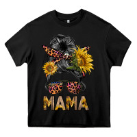 Black mess bun mama sunflowers Heavy Core Tee - BarkalooDesign