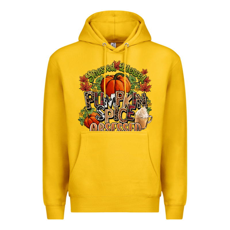 Stressed Blessed Pumpkin Spice Obsessed Fall Premium Hoodie by NancyCooperArtShop | Teevron