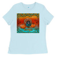 Baby Blue thankful with turkey and pumpkins Ladies Tee - RanaPortraitStore