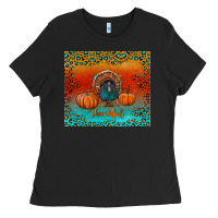 Black thankful with turkey and pumpkins Ladies Tee - RanaPortraitStore