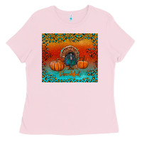 Bubblegum Pink thankful with turkey and pumpkins Ladies Tee - RanaPortraitStore