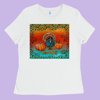 Thankful With Turkey And Pumpkins Ladies Tee Designed By Ranaportraitstore