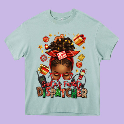 Santa's Favorite Dispatcher Afro Messy Bun Heavy Core Tee Designed By Texasbilliewilder