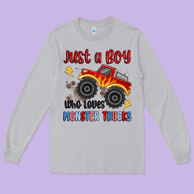 Just A Boy Who Loves Monster Trucks Long Sleeve Tee Designed By Maliassmallbusiness