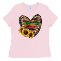 Bubblegum Pink western sunflowers heart Ladies Tee - RanaPortraitStore