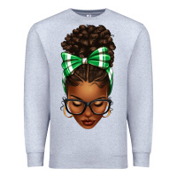 Heather Grey Afro Messy Bun Green and White Bow Premium Sweatshirt - texasbilliewilder