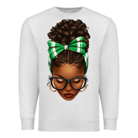 Oatmeal Heather Afro Messy Bun Green and White Bow Premium Sweatshirt - texasbilliewilder