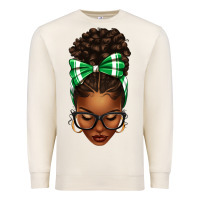 Sandshell Afro Messy Bun Green and White Bow Premium Sweatshirt - texasbilliewilder