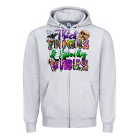 Heather Grey thick thighs and spooky vibes Zipper Hoodie - BundleAndBundleShop