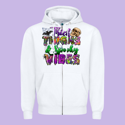 Thick Thighs And Spooky Vibes Zipper Hoodie Designed By Bundleandbundleshop