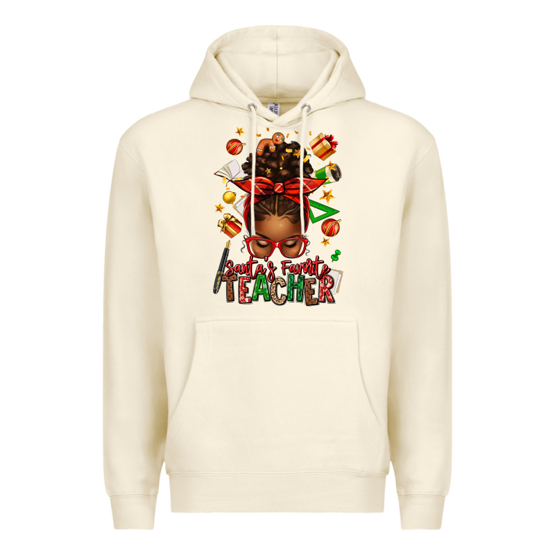 Santa's Favorite Teacher Afro Messy Bun Premium Hoodie by texasbilliewilder | Teevron