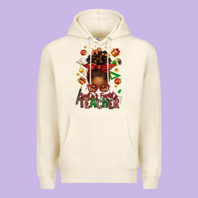 Santa's Favorite Teacher Afro Messy Bun Premium Hoodie Designed By Texasbilliewilder