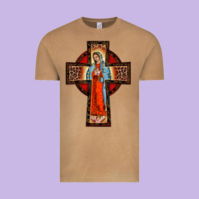 Lady Of Guadalupe Leopard Cross Vintage Tee Designed By Barkaloodesign