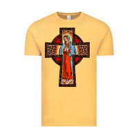 Vintage Mustard lady of guadalupe leopard cross Vintage Tee - BarkalooDesign